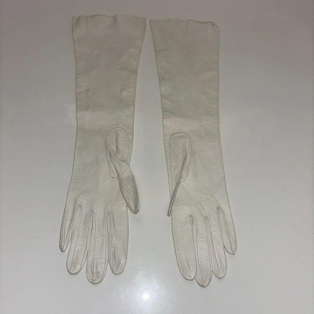 Vintage White Leather Opera Gloves Floral Embroidery Beaded Evening Formal 15.5